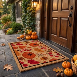 May include: A rectangular coir doormat featuring a printed pattern of orange pumpkins, red and brown autumn leaves, acorns, and red berries, framed by a solid black border. The mat is placed on a stone porch in front of a wooden door.