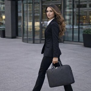 May include: A person in a black suit and white shirt walks outside, carrying a black briefcase. The briefcase has a top handle and a zip closure. The person has long, wavy brown hair.