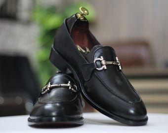 Bespoke Handmade Fashion Black Color Horse Bit Style Loafer Slip On Moccasin Leather Shoes