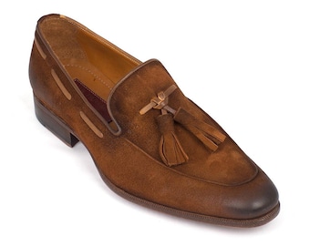 Brown Antique Suede Tassel Loafer, Leather Men's Dress Shoes, Casual Shoes