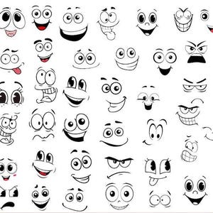 Op de afbeelding: Verzameling cartoongezichten met verschillende uitdrukkingen. Elk gezicht is getekend in zwart-wit, met verschillende oogvormen, glimlachen en fronsen. De uitdrukkingen variëren van blij tot boos, sommige tonen tongen.