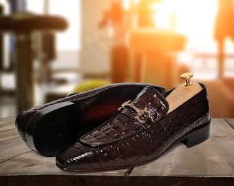 Bespoke Pure Handmade Alligator Textured Black Color Genuine Leather Slip on Horsebit Loafers for Men