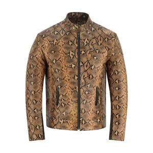 May include: A brown and black snakeskin-patterned jacket with a stand-up collar and a full-length zip. The jacket has two zipped pockets on the front and zips on the sleeves. The jacket is a medium weight and appears to be made of leather.
