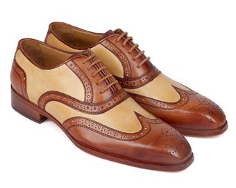 Brown & Beige Wingtip Oxfords Leather Men's Dress Shoes, Casual Shoes