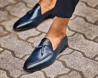 Handmade Blue Leather Loafers  Bespoke Artisan Slip-Ons for Men, Exotic Leather Footwear, Wedding Gift
