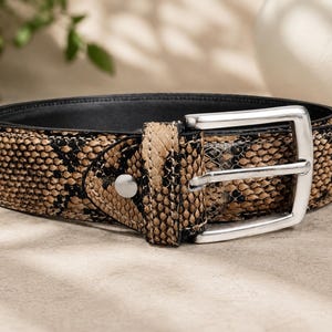 Beige Python Embossed Leather Belt, Unisex Snake Skin Style, First Layer Cowhide, European American Style