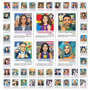 May include: A collection of colorful portrait cards featuring diverse individuals. Each card includes a portrait, a quote, and the person's name. The cards are arranged in a grid, showcasing a variety of people and their inspirational words.