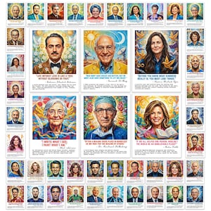 Könnte beinhalten: Eine Sammlung farbenfroher Porträtdrucke mit verschiedenen Personen, jeweils mit einem Zitat. Die Porträts zeigen vielfältige Menschen mit lebendigen Farben und künstlerischen Stilen. Die Drucke sind in einem Raster angeordnet.