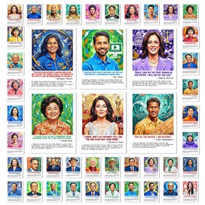 Peut inclure: Une collection de portraits à l'aquarelle de diverses personnes, chacun accompagné de citations inspirantes. Les portraits présentent des personnes diverses, avec du texte au bas de chaque image. Les images sont disposées en grille.