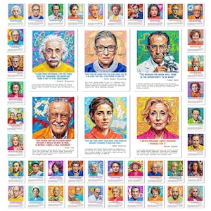 May include: A collection of colorful portrait art prints featuring notable figures like Albert Einstein, Ruth Bader Ginsburg, and Stan Lee. Each print includes a quote attributed to the person. The portraits are surrounded by decorative borders.