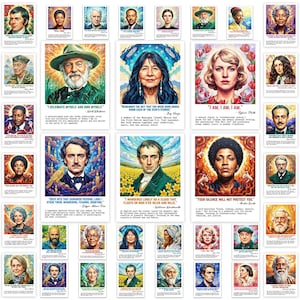 May include: A collection of portrait art prints featuring various historical figures and literary icons. Each print displays a portrait with a quote. The portraits are in various styles and colors, with some including floral or celestial backgrounds.