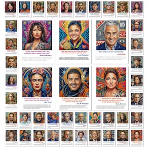 May include: A collection of portrait prints featuring notable Hispanic and Latino figures, each rendered in a mosaic-style artistic pattern. The prints include quotes and biographical text below the portraits, showcasing diverse individuals in various fields.