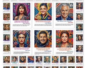 May include: A collection of portrait prints featuring notable Hispanic and Latino figures, each rendered in a mosaic-style artistic pattern. The prints include quotes and biographical text below the portraits, showcasing diverse individuals in various fields.