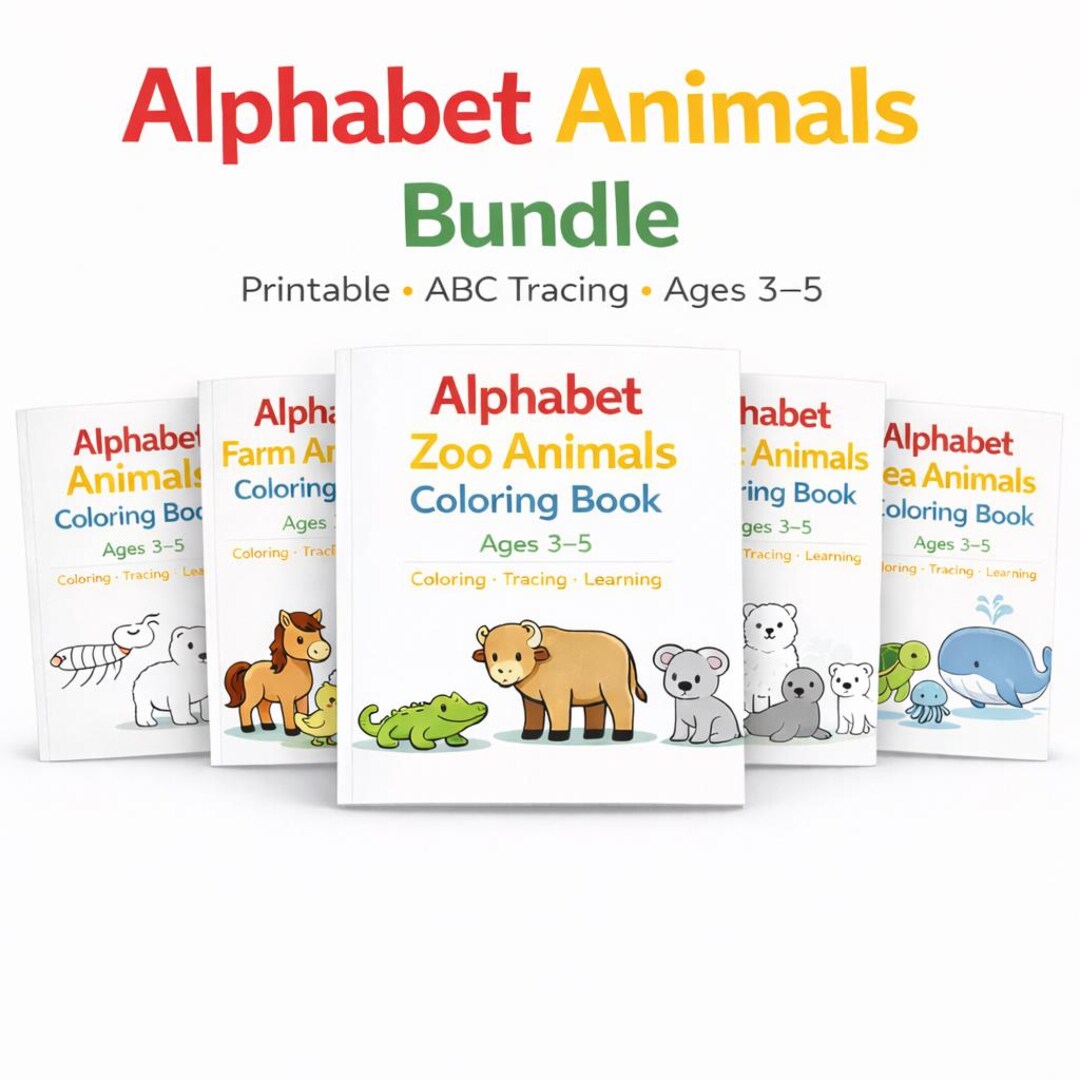 Alphabet Animals Coloring Bundle for Kids – 5 Printable ABC Tracing ...