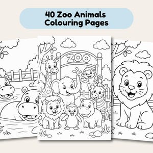 Op de afbeelding: Drie kleurplaten met dieren uit de dierentuin, waaronder een leeuw, nijlpaard, giraf en zebra. De pagina's zijn ontworpen voor kinderen om in te kleuren. De tekst "40 Zoo Animals Colouring Pages" staat bovenaan.