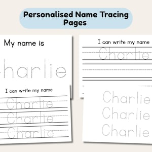 Puede incluir: Hojas de papel blanco con texto negro para practicar la escritura. Las páginas muestran el nombre Charlie en una fuente punteada para calcar, con líneas tituladas My name is e I can write my name, incluyendo filas para practicar.