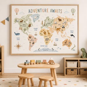 May include: A large rectangular wall art print featuring a world map with the text ADVENTURE AWAITS at the top. The map displays continents in muted earth tones, decorated with illustrations of various animals, landmarks, and hot air balloons.