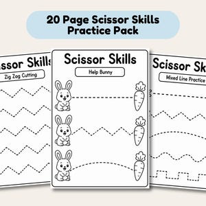 May include: A set of three white activity sheets with black line drawings for scissor skills practice. The sheets feature zig-zag cutting lines, bunnies with carrots, and mixed line practice. The text "20 Page Scissor Skills Practice Pack" is at the top.