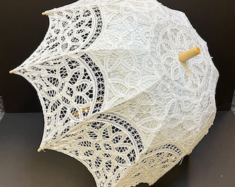 Sombrilla de encaje Battenburg blanca - Sombrilla de algodón de estilo victoriano