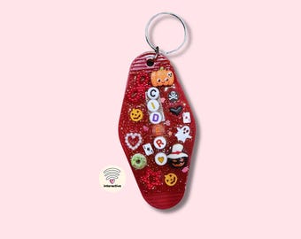 Cider One of a Kind Retro Motel Keychain, Halloween NFC Bag Charm with Daily Pep Talks, Red Resin Junk Keychain