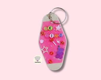 Be Kind One of a Kind Retro Motel Keychain, NFC Bag Charm with Daily Pep Talks, Pink Resin Junk Keychain