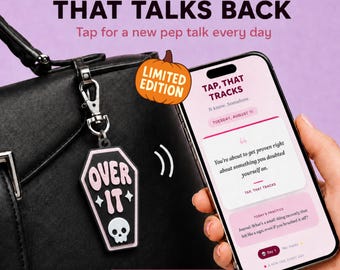 Over It Coffin NFC Bag Charm, Funny Goth Keychain with Daily Pep Talks, Spooky Gift