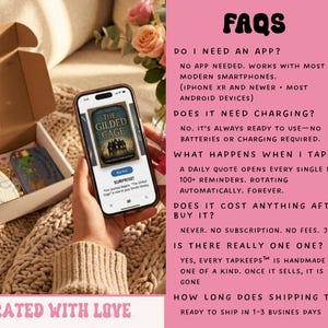 May include: A smartphone displaying a book cover titled The Gilded Cage next to an open cardboard box containing small items. The right side features a pink panel with black text titled FAQS, detailing product information and usage instructions.