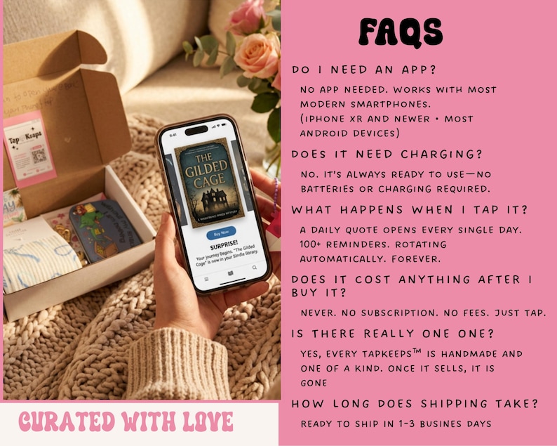 May include: A smartphone displaying a book cover titled The Gilded Cage next to an open cardboard box containing small items. The right side features a pink panel with black text titled FAQS, detailing product information and usage instructions.