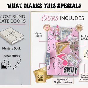 Op de afbeelding: Een mystery book cadeaupakket met een roze envelop met zwart lijnpatroon, inclusief een boek, pen, stickers, een verzorgingsartikel en een TapKeeps playlist sleutelhanger. Tekst bevat onder andere WHAT MAKES THIS SPECIAL en OURS INCLUDES.