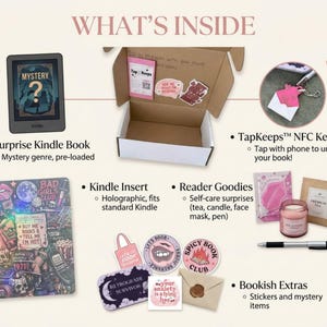 May include: A gift box set containing a Kindle with a mystery book, a holographic Kindle insert, a TapKeeps NFC keychain, a candle, tea, a face mask, a pen, and various stickers with text including Bad Girls Club and Spicy Book Club.