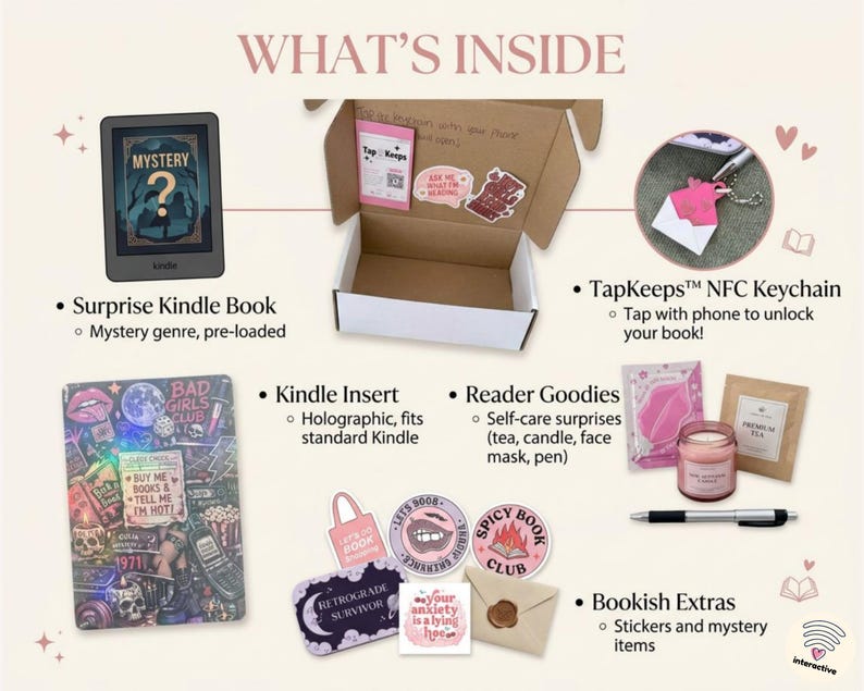May include: A gift box set containing a Kindle with a mystery book, a holographic Kindle insert, a TapKeeps NFC keychain, a candle, tea, a face mask, a pen, and various stickers with text including Bad Girls Club and Spicy Book Club.