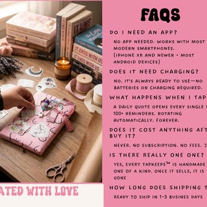 Op de afbeelding: Een roze rechthoekig product met een lijnpatroon, voorzien van de tekst FAQS, DO I NEED AN APP?, DOES IT NEED CHARGING?, WHAT HAPPENS WHEN I TAP IT?, DOES IT COST ANYTHING AFTER I BUY IT?, IS THERE REALLY ONE ONE?, en HOW LONG DOES SHIPPING TAKE?