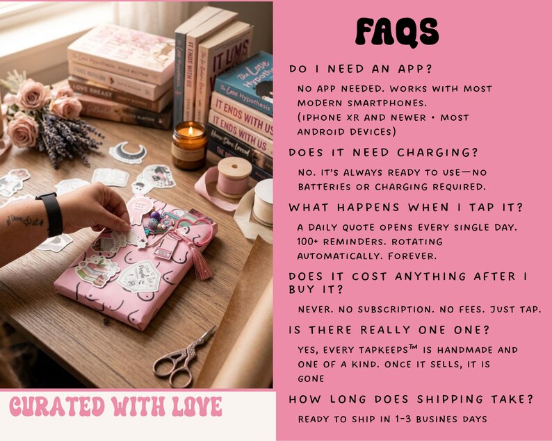 Op de afbeelding: Een roze rechthoekig product met een lijnpatroon, voorzien van de tekst FAQS, DO I NEED AN APP?, DOES IT NEED CHARGING?, WHAT HAPPENS WHEN I TAP IT?, DOES IT COST ANYTHING AFTER I BUY IT?, IS THERE REALLY ONE ONE?, en HOW LONG DOES SHIPPING TAKE?