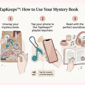 Op de afbeelding: Een instructieve afbeelding getiteld TapKeeps: How to Use Your Mystery Book. Het toont drie stappen: het uitpakken van een boek met stickers, het tikken van een telefoon tegen een blauwgroene NFC-muzieknoot sleutelhanger en lezen met een koptelefoon.
