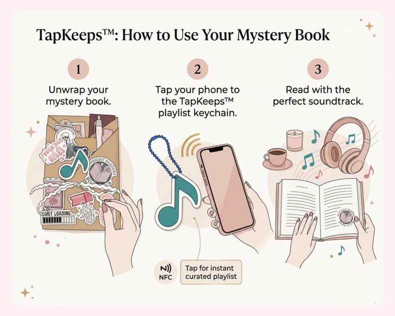 Op de afbeelding: Een instructieve afbeelding getiteld TapKeeps: How to Use Your Mystery Book. Het toont drie stappen: het uitpakken van een boek met stickers, het tikken van een telefoon tegen een blauwgroene NFC-muzieknoot sleutelhanger en lezen met een koptelefoon.