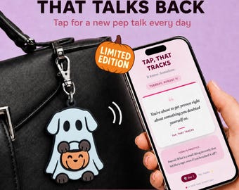Halloween Dog Keychain, Cute Ghost Puppy NFC Bag Charm with 365 Daily Pep Talks, Dog Lover Gift