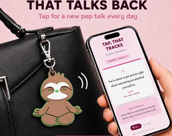 Zen Sloth NFC Bag Charm — NFC Keychain, Daily Affirmation Keychain, Purse Charm, Backpack Charm, Custom NFC Gift