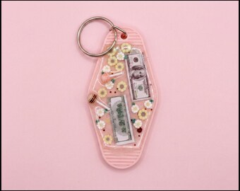 TapKeeps™ "Money & Daisies" Keychain — Daily Witchy Wisdom — One of a Kind Handmade Retro Hotel Keychain Witchy Gift