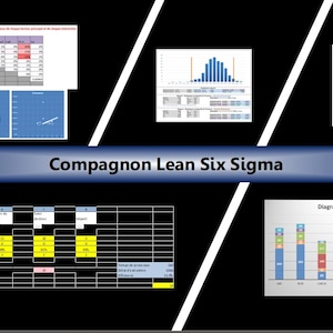 May include: A black background with white diagonal lines and various charts and graphs. The text "Compagnon Lean Six Sigma" is in the centre. Charts include histograms, line graphs, and tables with data, illustrating business process analysis.