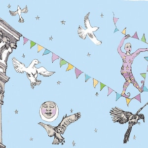Carte d'anniversaire oiseau, carte de cirque, voltigeur, corde raide, carte de voeux fantastique, illustration de cirque, carte d'anniversaire étrange, vierge toute occasion