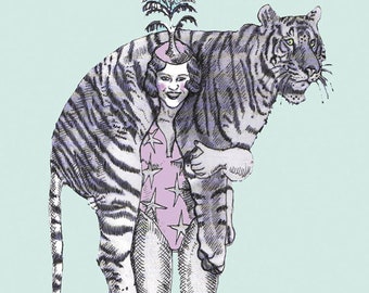 Tiger birthday card, tiger card, circus card, circus illustration, weird birthday card, vintage style cards, circus performer, circus freak