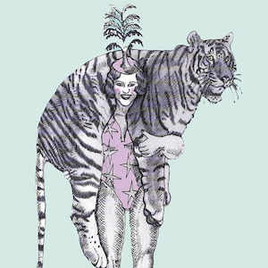 Carte d'anniversaire tigre, carte tigre, carte de cirque, illustration de cirque, carte d'anniversaire étrange, cartes de style vintage, artiste de cirque, monstre de cirque