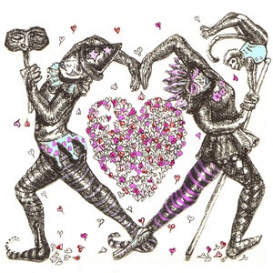Carte Saint-Valentin danseurs, carte d'anniversaire gothique, carte d'anniversaire bizarre, carte de danseurs, carte d'anniversaire de clown, carte de cirque insolite, carte d'art sombre,