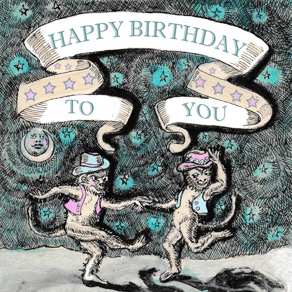 Monkey birthday card, cheeky monkey, homemade monkey card, dancing monkey card, unique birthday card, birthday card weird, monkey drawing