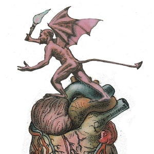 Carte de Saint-Valentin diable, carte d'amour sombre, carte d'anniversaire gothique, carte coeur anatomique, carte goth, carte d'anniversaire étrange, art sombre, anatomie humaine,