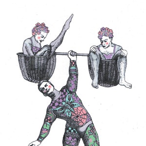 Carte d'anniversaire homme fort, carte d'anniversaire pour jumeaux, haltérophile, art du tatouage, carte d'art étrange, carte de cirque insolite, illustration de cirque,