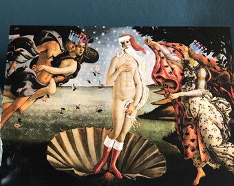Funny xmas cards, fine art cards, altered art christmas cards, humorous xmas cards, famous painting, Sandro Botticelli, birth of Venus, arty