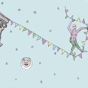 Circus birthday card, tightrope card, tightrope artist card, surreal card, acrobat card, circus illustration, circus card, aerialist art