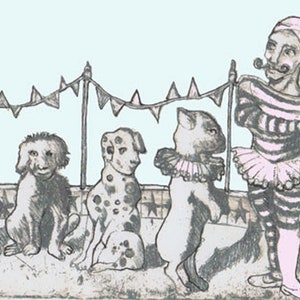 Carte de voeux chien, carte d'anniversaire pour amoureux des chiens, chiens de cirque, carte de voeux cirque, carte d'anniversaire cirque, carte chien insolite, illustration de cirque,
