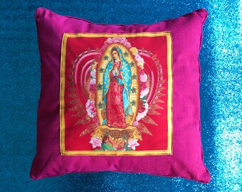 Religious cushion cover, our lady of guadalupe cushion cover, beautiful mexican madonna cushion, religious magenta decorative pillow, kitsch